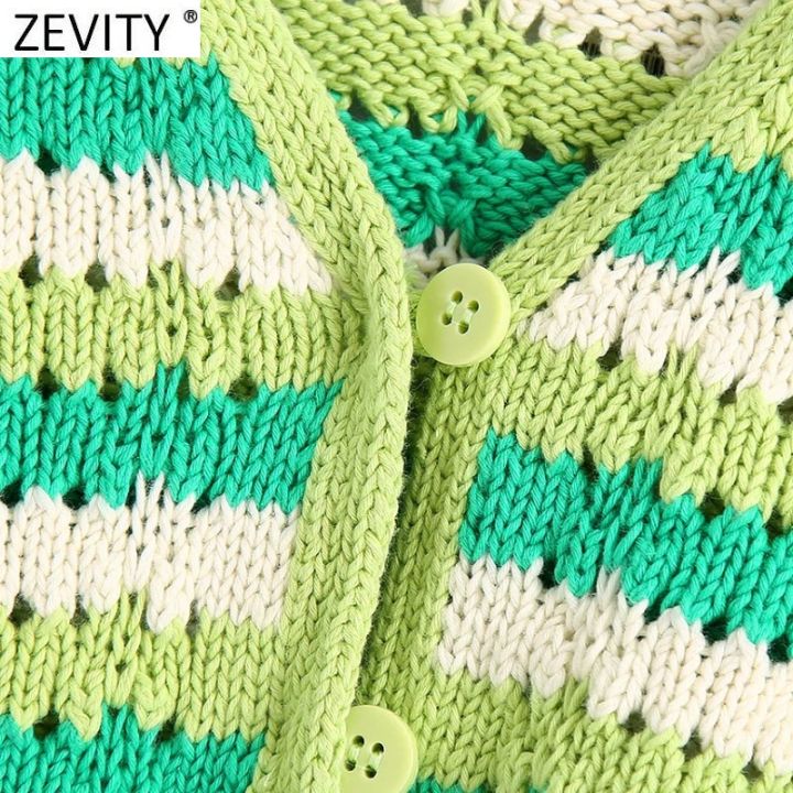 zevity-women-fashion-v-neck-fesh-contrast-striped-print-hollow-out-crochet-knitted-sweater-female-chic-cardigans-crop-tops-sw868