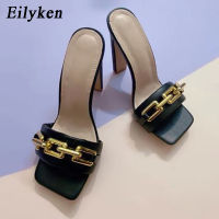 Eilyken New Design Metal Chain Decoration PU Leather Ladies Slippers Summer Square Toe Mules Slides High Heels Shoes Size 35-42