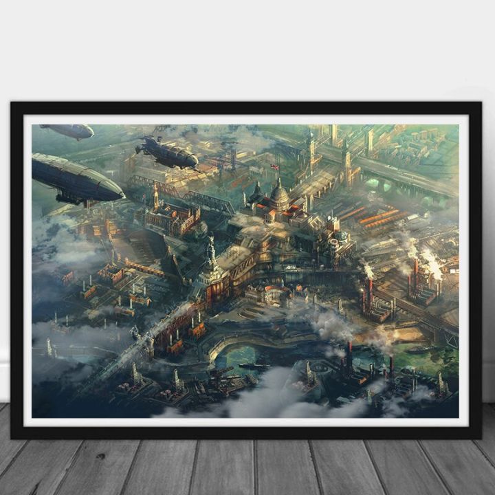 steampunk-future-world-industrial-city-พิมพ์โปสเตอร์สำหรับห้องนั่งเล่น-sci-fi-ภาพยนตร์ภูมิทัศน์ภาพวาดผ้าใบ-wall-art-home-decor