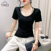 YIMEI เสื้อยืดผู้หญิง2023สวย,เสื้อแขนสั้นผ้าฝ้ายสีดำคอกลมใหม่ฤดูร้อน