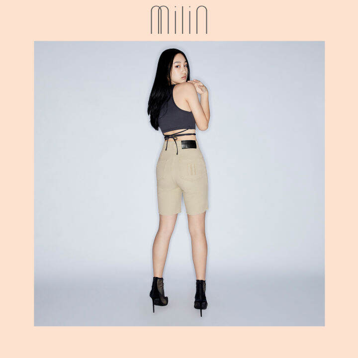 milin-high-rise-with-belt-hoops-denim-กางเกงยีนส์ขาสั้น-bermuda-slit-shorts-beige