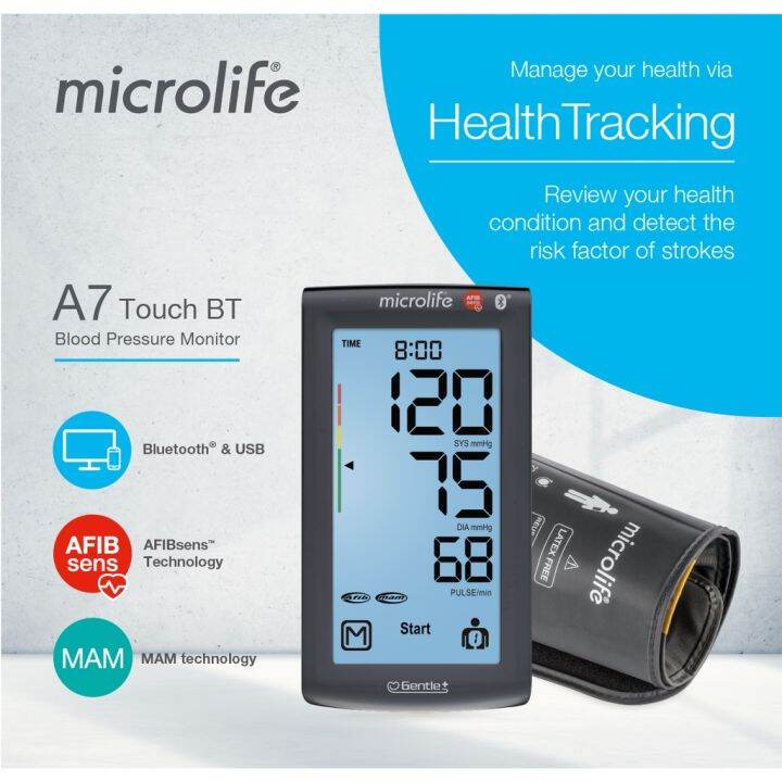 Microlife BP A7 Touch BT Bluetooth blood pressure monitor with stroke risk  detection- AR Sub. 