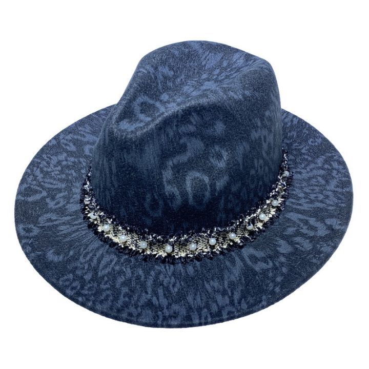 cod-cross-border-exclusively-for-hot-stamping-leopard-woolen-hat-european-and-flat-brim-womens-cloth-streamer-pearl