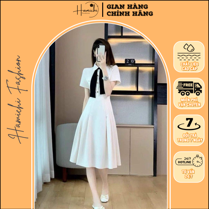 Váy Trắng Tiêu Thư Hamichi Fashion - Váy Trắng Dài Nơ Đen Thiết Kế ...