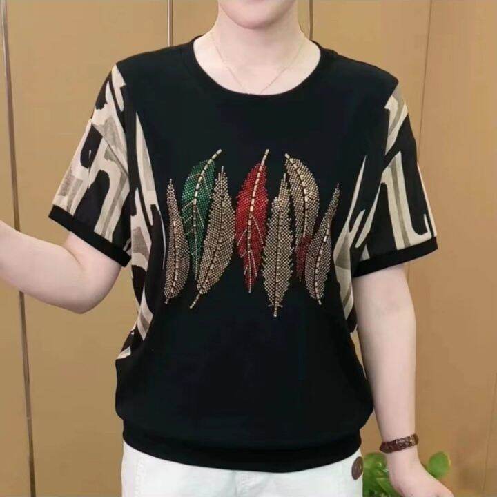 เสื้อยืดแขนสั้นผู้หญิง-เสื้อยืดคอกลมพิมพ์ลายแฟชั่นหลวมฤดูร้อน