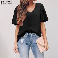 ZANZEA Women Summer Loose Basic Solid Shirt Flare Sleeve V Neck Blouse