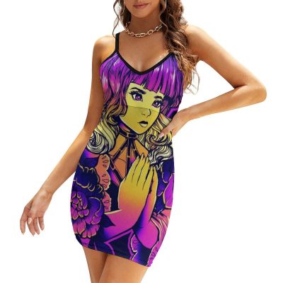 [Cos imitation] Demon Girl And Flowers Women 39; S Sling Dress Printed Sexy Fashion Dress V Neck Sling Sleeveless Dress Rekikomsos Digital Drawing