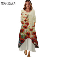 MOVOKAKA 2022 Spring Dresses Women Casual Long Sleeve Button O Neck Long Dresses Party Vestidos 3D Flowers Print Dress Elegant