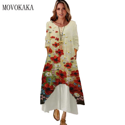 MOVOKAKA 2022 Spring Dresses Women Casual Long Sleeve Button O Neck Long Dresses Party Vestidos 3D Flowers Print Dress Elegant