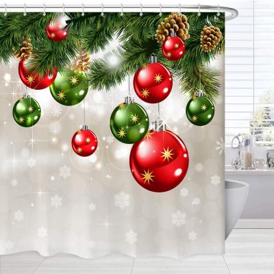 Green Christmas Shower Curtain Merry Xmas Baubles on Pine Tree Twig Art Print Holiday Bath Curtain Christmas Bathroom Curtains