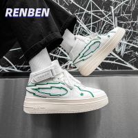 RENBEN รองเท้าผ้าใบผู้ชายส้นสูงสไตล์ฮ่องกงใหม่ ins รองเท้าผู้ชายแบรนด์อินเทรนด์รองเท้ากีฬาผู้ชายพื้นหนา V725