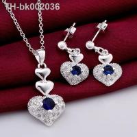 ✙▫■ Cute wedding jewelry romantic blue zircon crystal heart pendant necklace heart Earrings fashion Silver color jewelry set S772