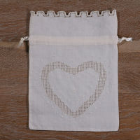 B020: 12ชิ้น Beige Ramie Cotton Hand Embroidery Drawnwork Gift Storage Bags Travel Pouchs Drawstring Bags