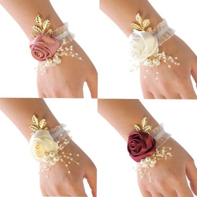 Bridesmaid Bracelet Artificial Wedding Decoration Wrist Corsages Hand Flower With Pearl Bridal Wrist Flower Accessories Gifts