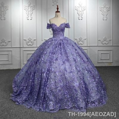 ▧✑♟ AEOZAD Off-ombro renda vestidos Quinceanera Applique Floral espartilho frisado trem capela Lilás lavanda 15