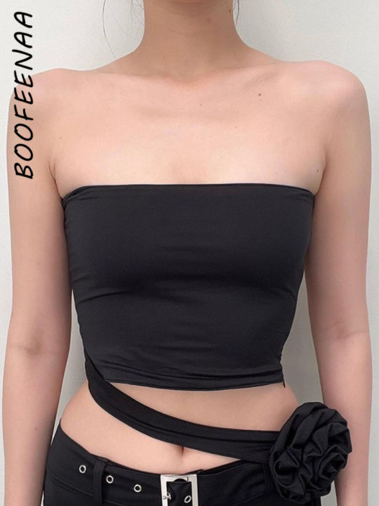 boofeenaa-เสื้อครอปแนวโน้มผลิตภัณฑ์-y2k-90เสื้อลายไม่สมมาตรดอกไม้ผ้าเสื้อคล้องคอสีดำสวยงาม-c69-bd13-2023ชิ้น