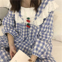 Alien Kitty Sweet Fashion Square Collar Princess Sleepwear  Plaid Gentle Chic Women Loose Pajamas Suits Fresh Home Clothes