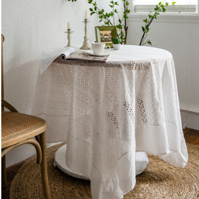 White Cotton Tablecloth Rectangular French Rural Hollowed Out Embroidery Home Wedding Kicthch Decorative Table Cloth Cover Towel