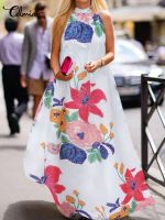 【YF】 Celmia Floral Printing Chic Maxi Dress Women Holiday Robe Sleeveless Bohemian Vestido 2023 Summer Fashion Halter A-line Sundress