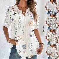 Summer Printed Short Sleeve V-Neck Casual Loose Lace Hollow Chiffon Shirts Tops 2023 Womens Fashion Blusas Elegantes Blouse