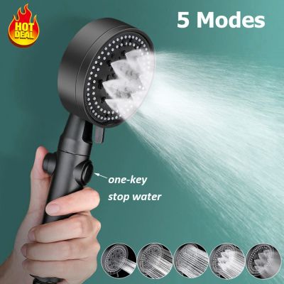 5 Modes Adjustable Black Bath Shower Head High Pressure Water Saving Shower Stop Water Shower Head One-Key Stop Bathroom Tool  by Hs2023