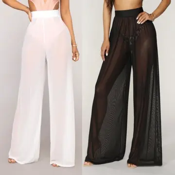 Womens Beach Mesh Sheer Wide Leg Pants Transparent Loose Long Pant Trousers