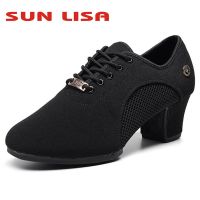 SUN LISA Womens Indoor &amp; Outdoor Oxford Leather &amp; Rubber Sole Chunky Heel Sneaker Ballroom Modern Latin Dance Shoes