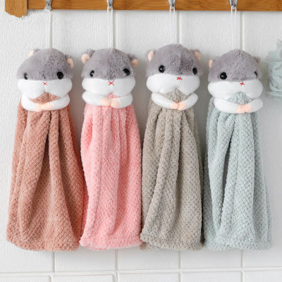 1Pc Coral Fleece Cartoon Hamster Hanging Hand Towel Water Absorbent Kitchen Bathroom Cloth