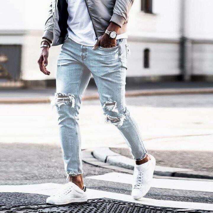 Denim With Pocket Ripped Slim Jeans Pants For Men Mid-wasit Fit Men's ...