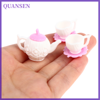 QUANSEN Dollhouse หม้อชาขนาดเล็กกาต้มน้ำถ้วยกาแฟจานรอง3PC ชุดอุปกรณ์เสริม