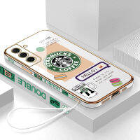 เคสมือถือปลอกสำหรับ Samsung Galaxy S21 FE 5G มีฟรีสายคล้อง + โลโก้ Starbucks แฟชั่นฝาครอบขอบสี่เหลี่ยมชุบเคลือบผิวแบบนิ่ม