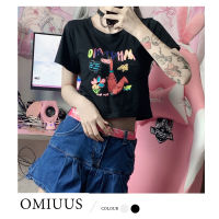 OMIUUS เสื้อยืดแขนสั้นสำหรับผู้หญิง,เสื้อเอวลอยเสื้อยืดแขนสั้นโชว์สะดือทรงผีทรงสลิมฟิตสำหรับใส่ในฤดูร้อน