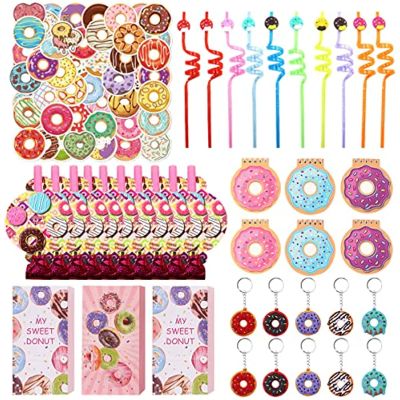 JOLLYBOOM Donut Party Favors For Kids Goodie Bags, Sweet Donut Party Decorations, Donut Notebooks Stickers With Keychains Straws And Blowers, Donut Theme Birthday Party Supply, School Rewards Prize For Girls