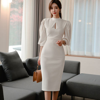 Impression Women Elegant Slim Solid Color Half Latern Sleeve Bodycon Casual OL Party Midi Dress White