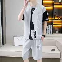 【hot seller】 Waffle short-sleeved t-shirt mens summer thin casual sports suit with a handsome