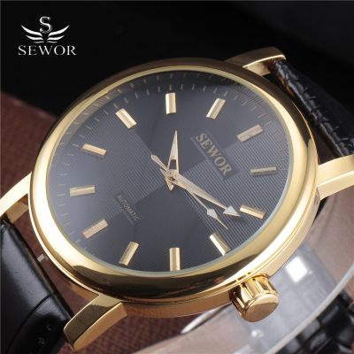 SEWOR Men Fashion Military Hand Wind Mechanical Skeleton Watches Male Leather Strap Golden Black Big Dial Back Cover Glass Clock