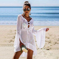 Oshoplive New y Women Beachwear Cover-up Flared Sleeves Crochet Bikini Cover-up Hollow Long Sleeve Beach Skirt Boho Dresses