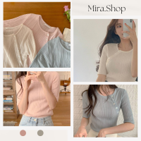 Mira.shop  เสื้อยืด ลายทางแนวตั้ง. เหมาะสำหรับพนักงานออฟฟิศ เสื้อยืด 8809#