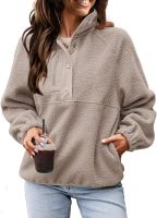 Panadila Womens Half Snap Fleece Pullover Casual Fuzzy Sherpa Sweatshirt with Pockets Trendy Long Sleeve Shirts(Light Khaki,XL)