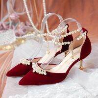 Elegant Pearl Crown Bride Shoes Women String Bead Ankle Strap Thin Heels Pumps Woman Flock Pointed Toe High Heels Wedding Shoes