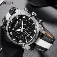 MEGIR Fashion Mens Chronograph Quartz Watches Leather Strap Luminous Hands 24-hour Sports ogue Wristwatch for Man 2076White