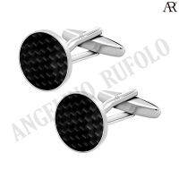 ANGELINO RUFOLO Cufflink(คัฟลิงค์) ดีไซน์ Dimension Circle กระดุมข้อมือคัฟลิ้งโรเดียมคุณภาพเยี่ยม ตัวเรือนสีเงิน ประดับตกแต่งด้วย Carbon Fibre สีดำ