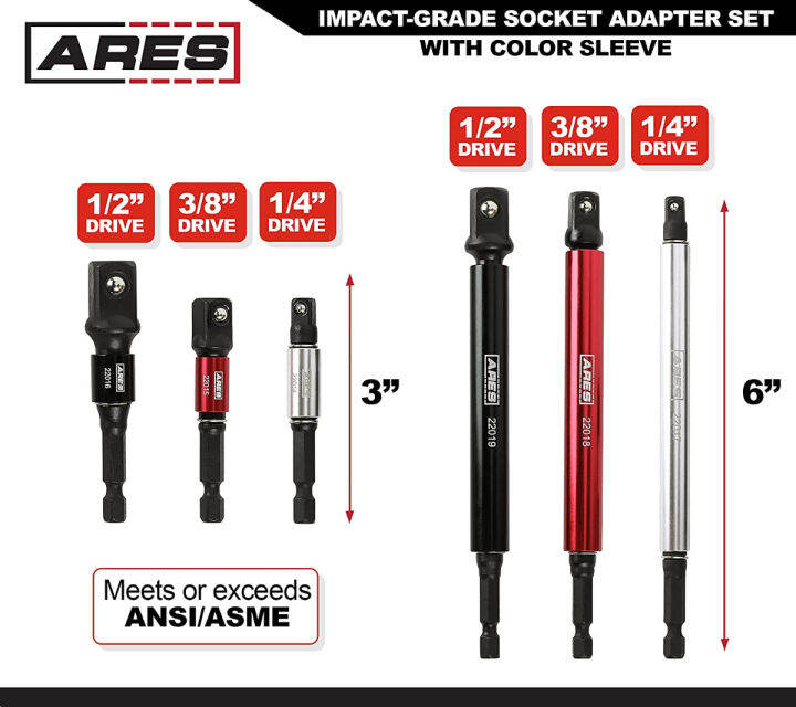 ares-22013-6-piece-3-inch-and-6-inch-impact-grade-socket-adapter-set-with-color-sleeve-turns-impact-drill-drivers-into-high-speed-socket-drivers-1-4-inch-3-8-inch-and-1-2-inch-drive-3-inch-and-6-inch-