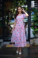 GANNIESHOP Dress เดรส เดรสยาว เดราพริ้วๆ เดรสสีชมพู ชุดสีชมพู เดรสลายดอก เดรสชายระบาย เดรสพริ้วๆ เดรสสาวอวบ เดรสออกงาน ใส่ไปทะเล ใส่เที่ยว