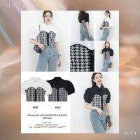 SLYQ GRANVILLE HOUNDSTOOTH BLOUSE เสื้อเบลาส์กระดุมหน้า เชิ้ตแขนสั้นตัดต่อสีขาวดำลาย Houndstooth ขาวดำ