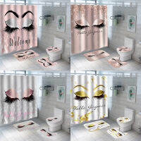 Pretty Pink Gold Eyelash Shower Curtain Set with Rugs Waterproof Bathing Screen Anti-slip Toilet Lid Cover Rugs Bathroom Decor