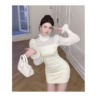ชุดเดรสแขนยาวแต่งระบายสีขาวสำหรับผู้หญิงชุดเดรสสัมผัสใหม่ชุดเดรสกระโปรงสั้นซับในกระโปรงรัดรูป