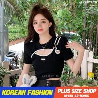 Plus size เสื้อผ้าสาวอวบ❤ เสื้อยืดสาวอวบอ้วน ไซส์ใหญ่ ผู้หญิง เสื้อยืดครอป ทรงสลิมฟิต แขนสั้น คอกลม สีดำ ฤดูร้อน สไตล์เกาหลีแฟชั่น V728