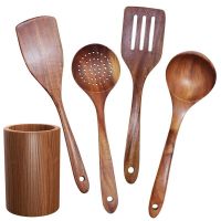 QTCF-Wooden Tableware Teak Kitchen Cooking Tableware Set With Stand  Suitable For Non-stick Cookware Wooden Shovel Spoon Cooking 5pcs