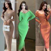 ยาแอลอีดี♕☁Sfderfere Vestido Feminino Pulôver Decote V Manga Comprida Bodycon De Malha Verde Robe Assimétrico Maxi Elegante Roupas สำหรับ Festa Streetwear